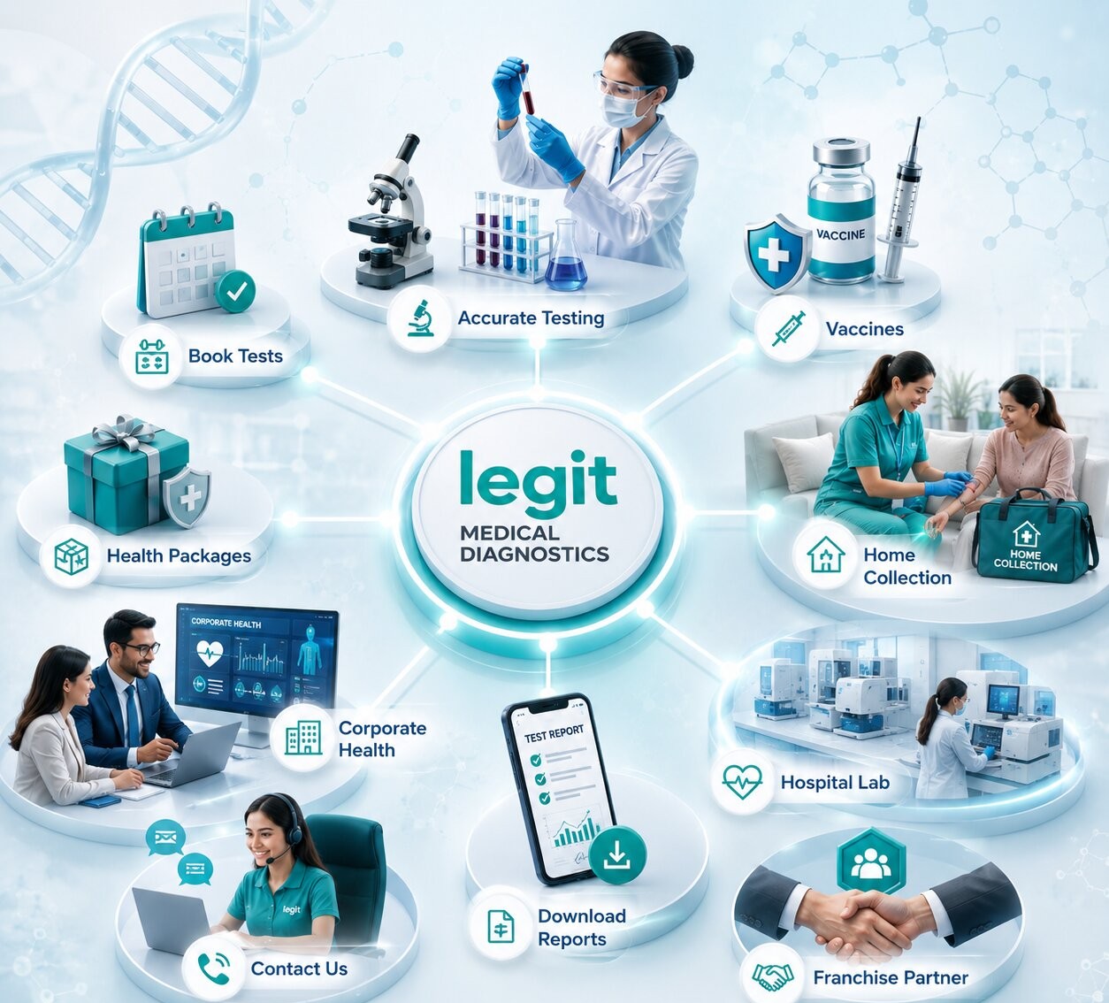 Legit Medical Diagnostics services — book tests, health packages, vaccines, home collection, corporate health, hospital lab, reports and support